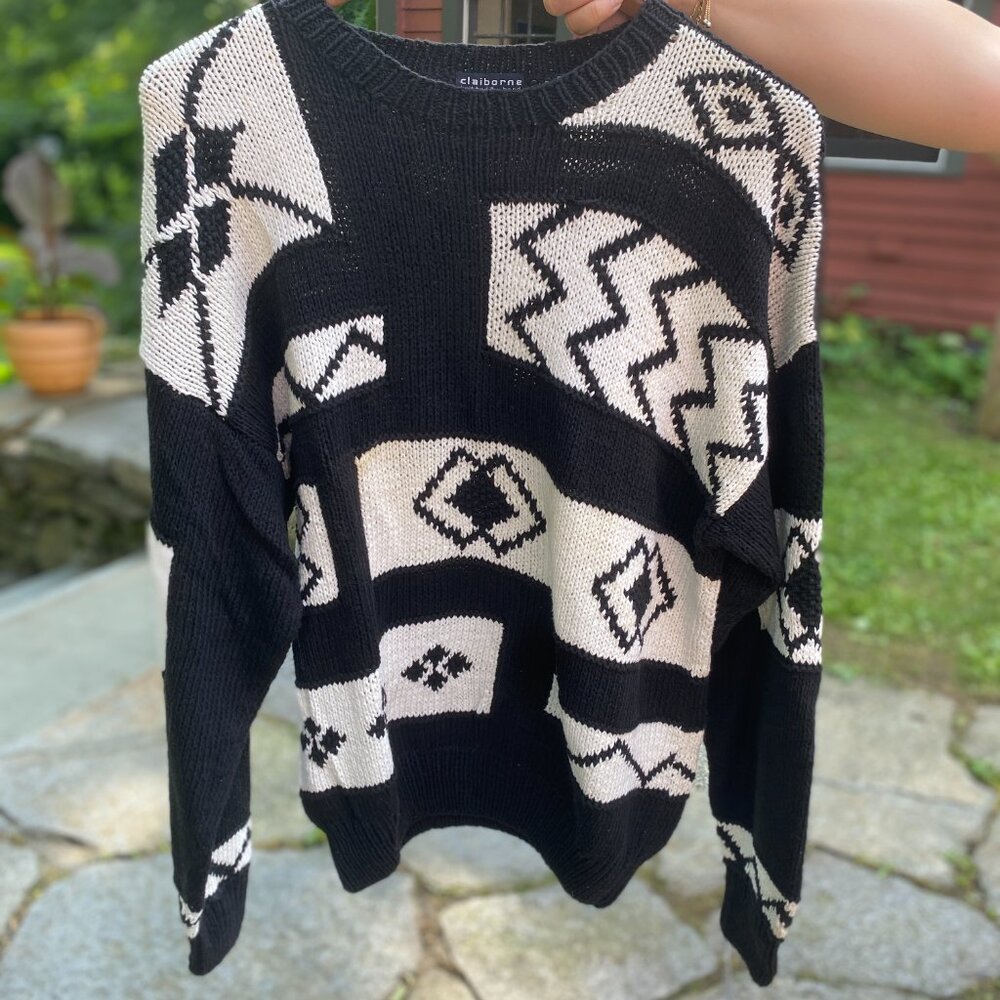 Vintage Claiborne Black and White Patterned Hand-Knit Sweater